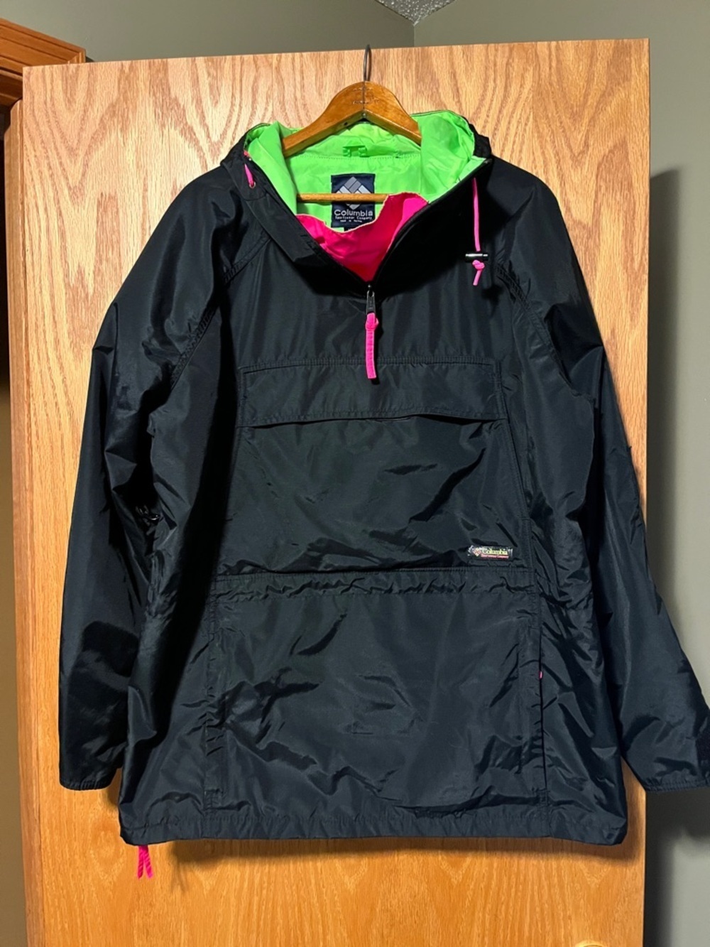 Vintage Columbia Black Pullover Anorak with Neon Green Hood and Pink Accents